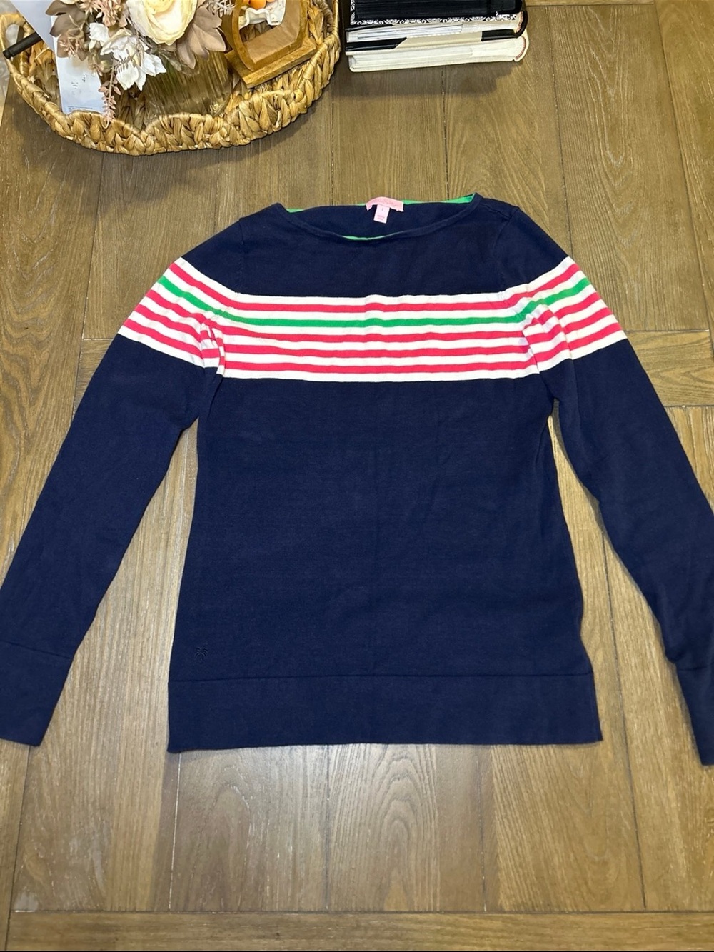 Lilly Pulitzer Navy Crewneck Sweater with Pink, Green & White Stripes